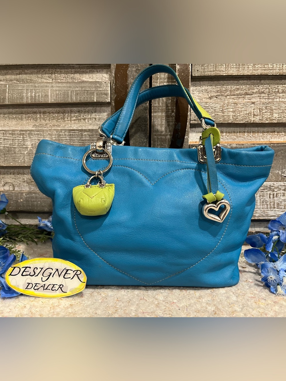 BRIGHTON Jodi Blue and Green Leather Reversible Small Heart ❤️ Tote Bag